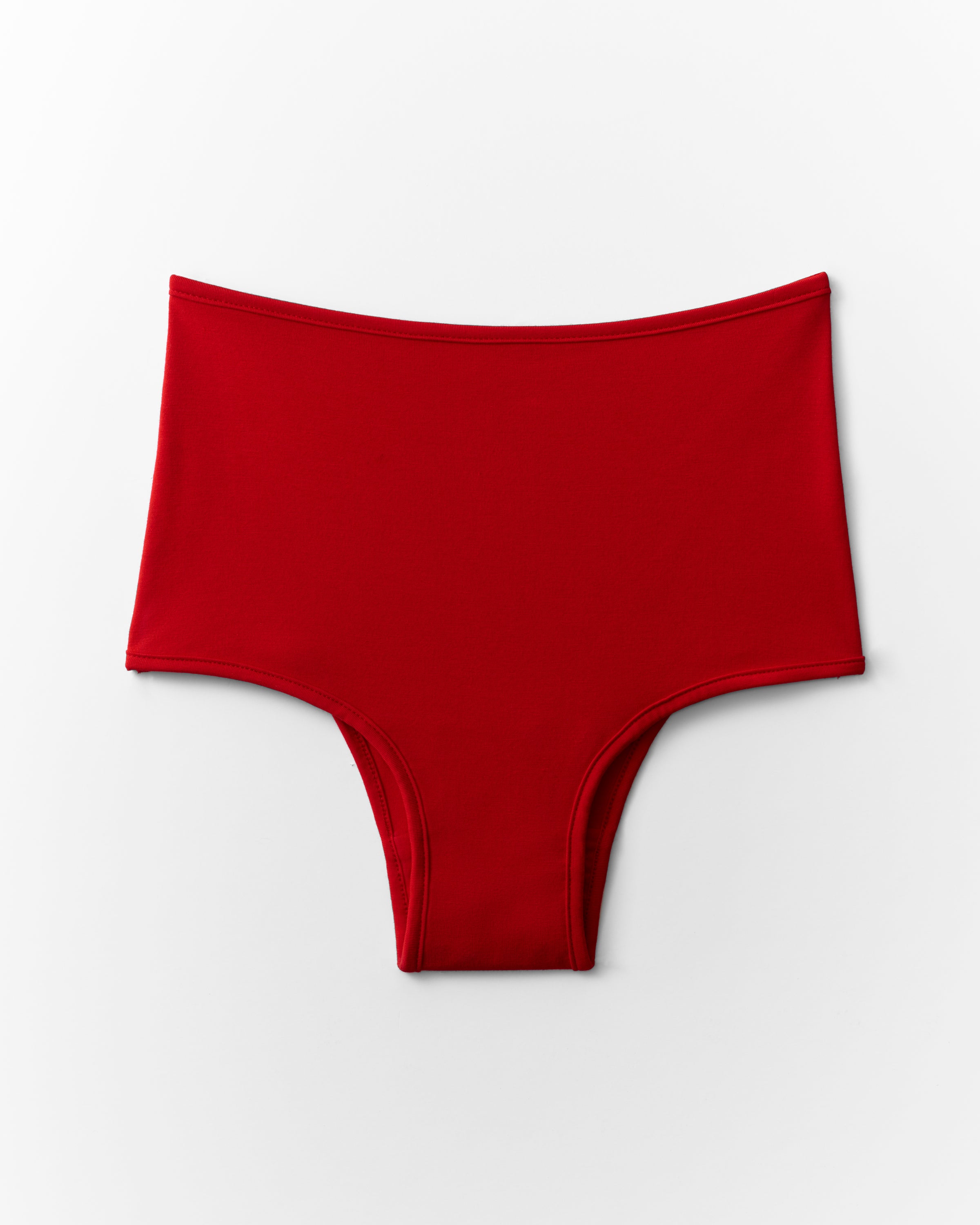 Red high-waisted bikini bottom on a light gray background