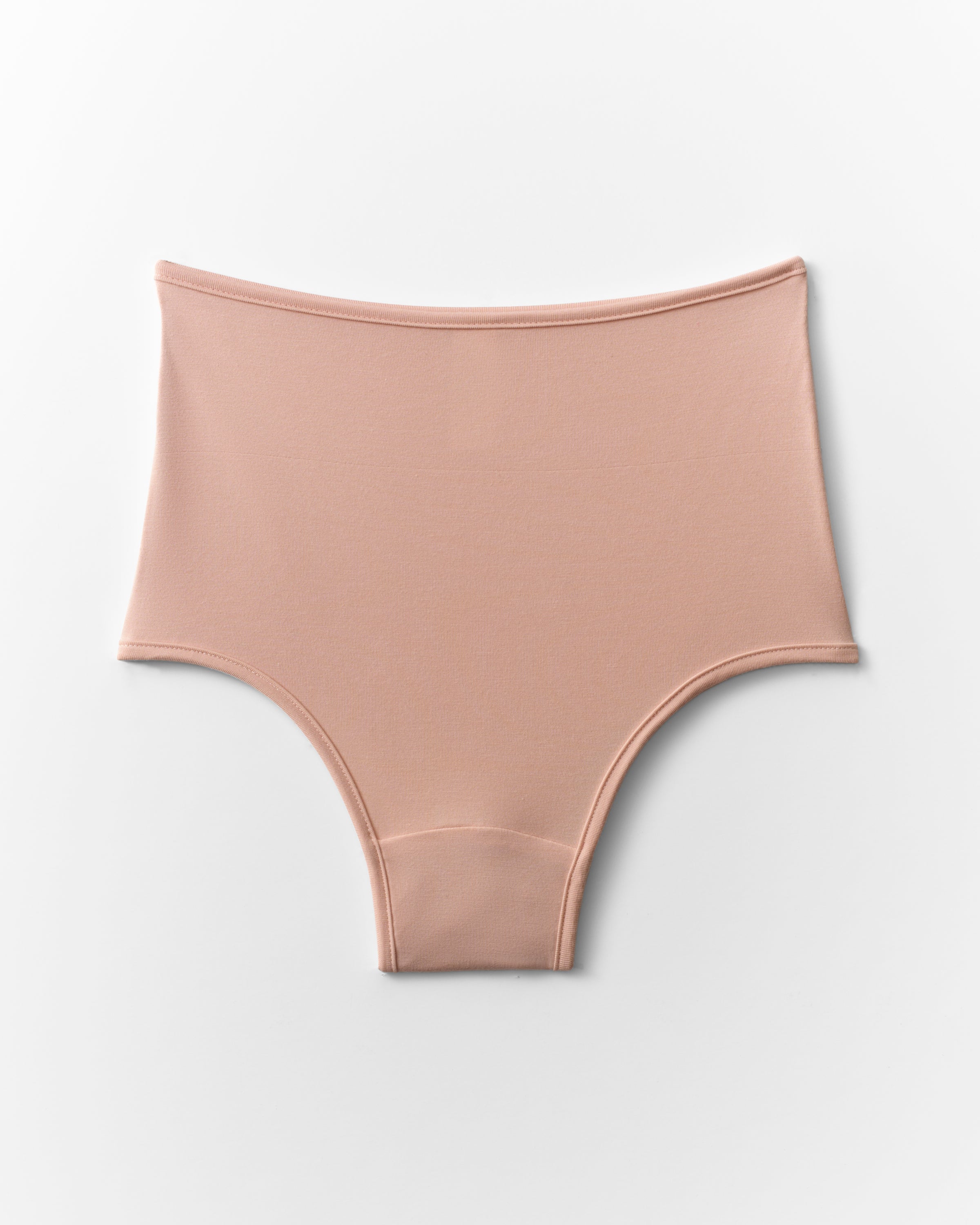 Beige high-waisted bikini bottom on a light gray background