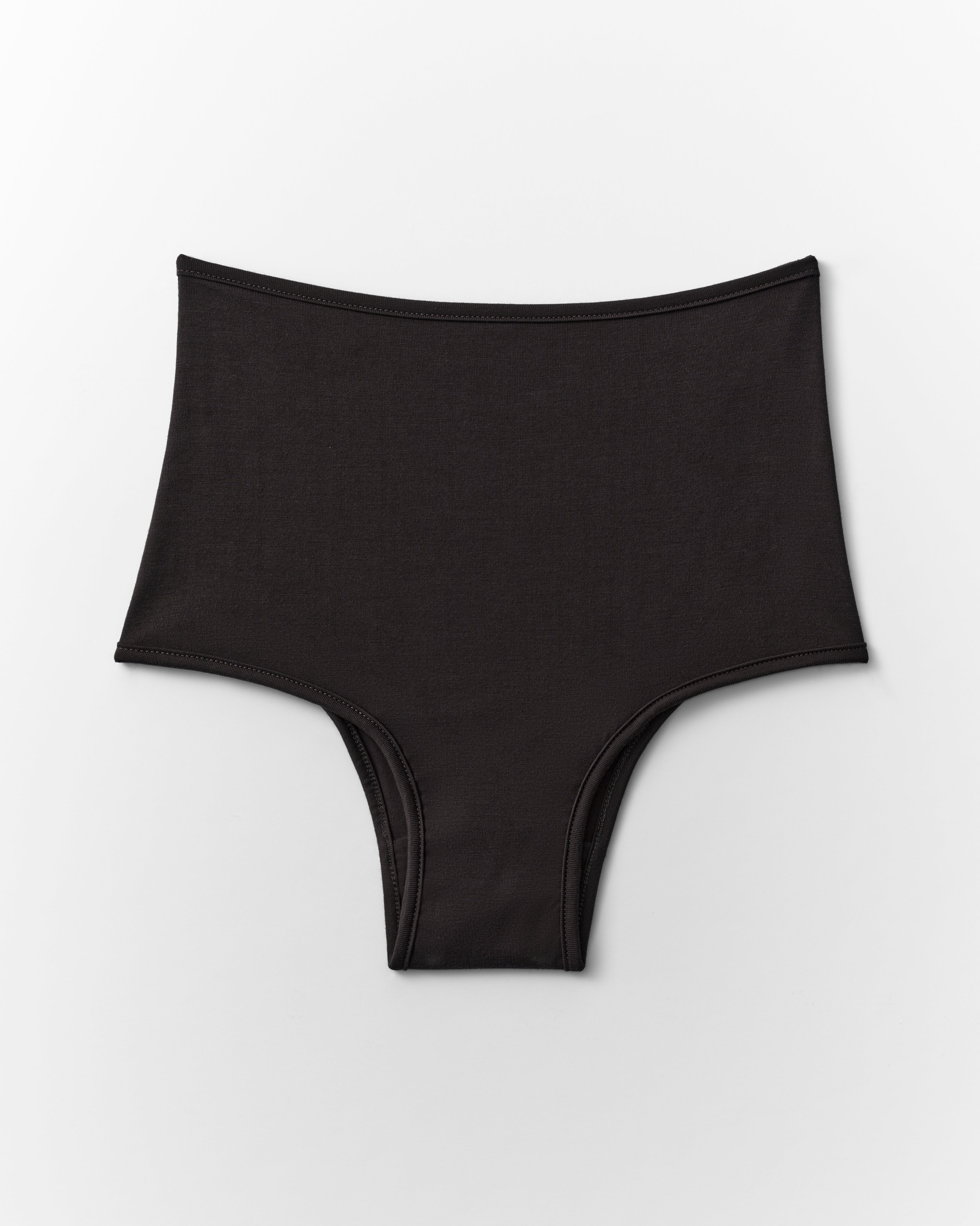 Black high-waisted bikini bottom on a light gray background