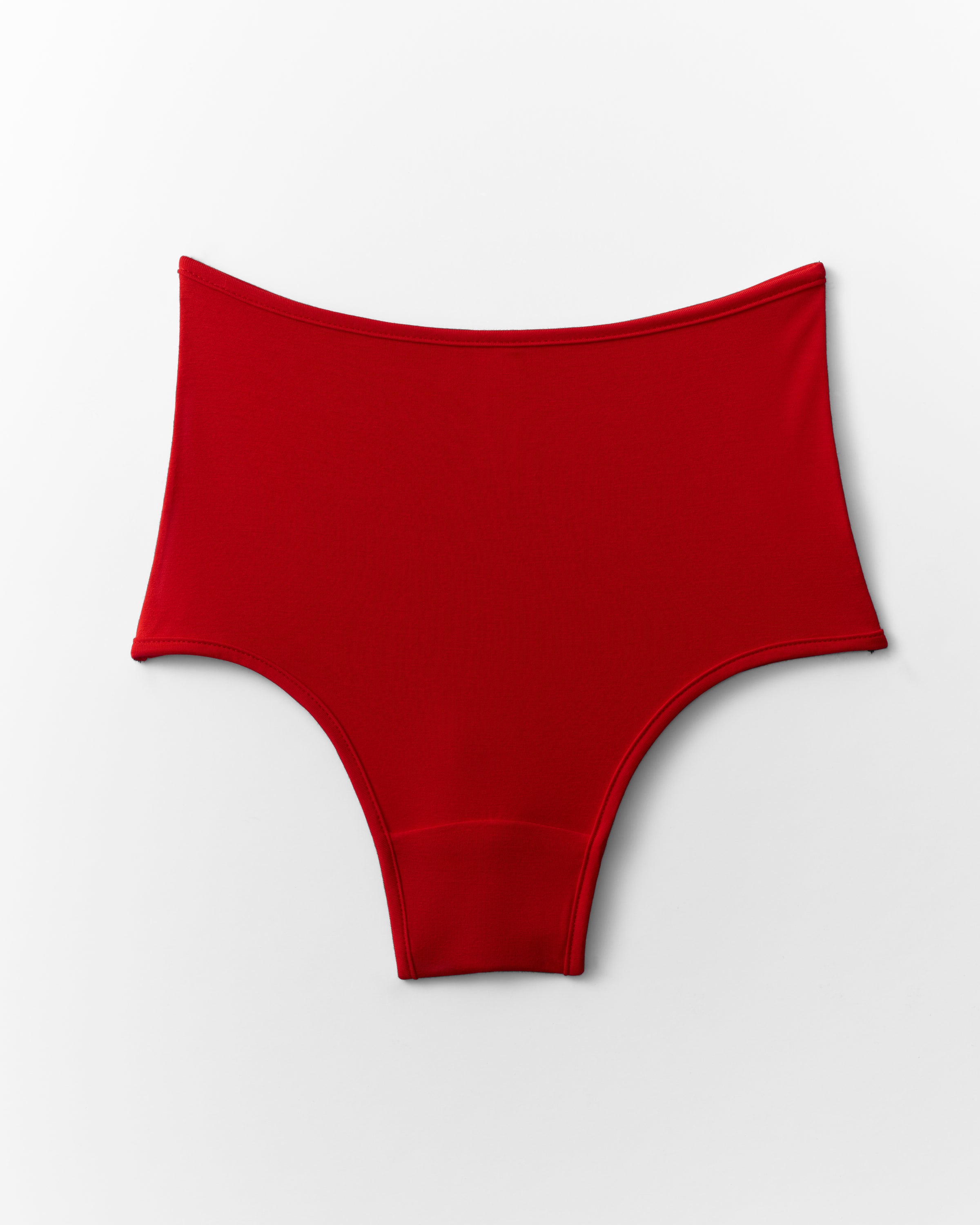 Red high-waisted bikini bottom on a light gray background