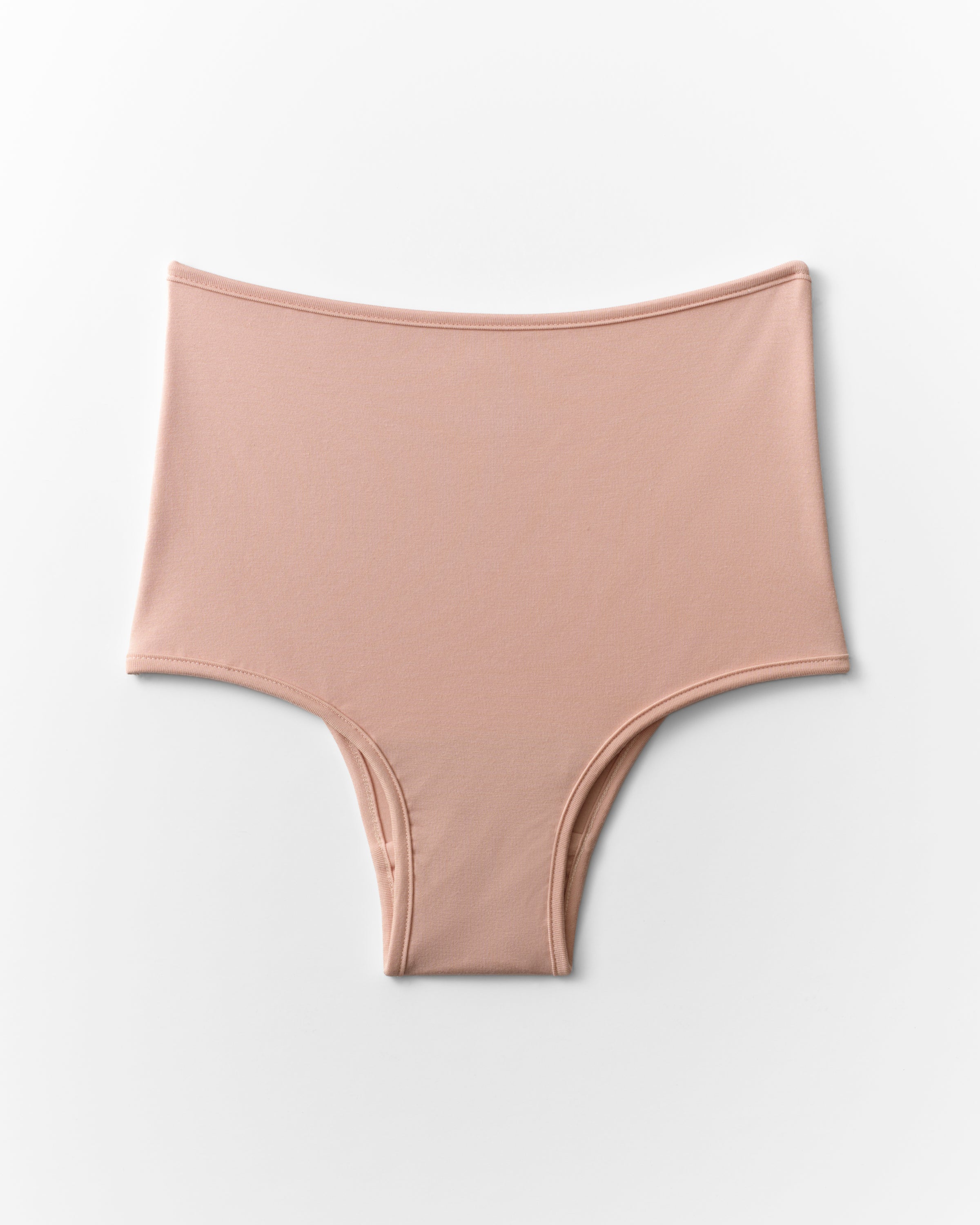 Beige high-waisted bikini bottom on a light gray background