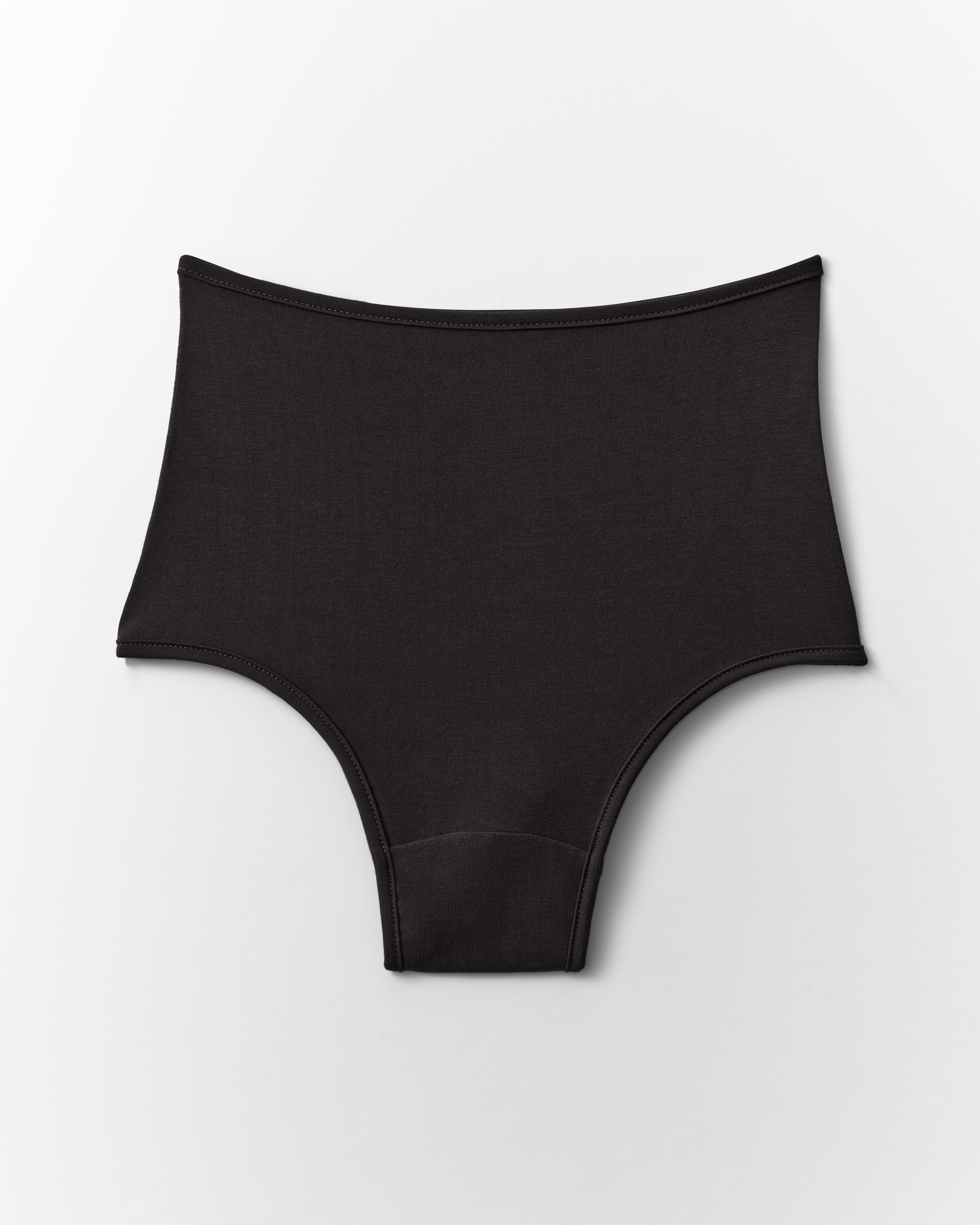 Black high-waisted bikini bottom on a light gray background